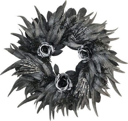 24 Inch Black and Silver Rose Halloween Wreath with 3 Skeleton Hands