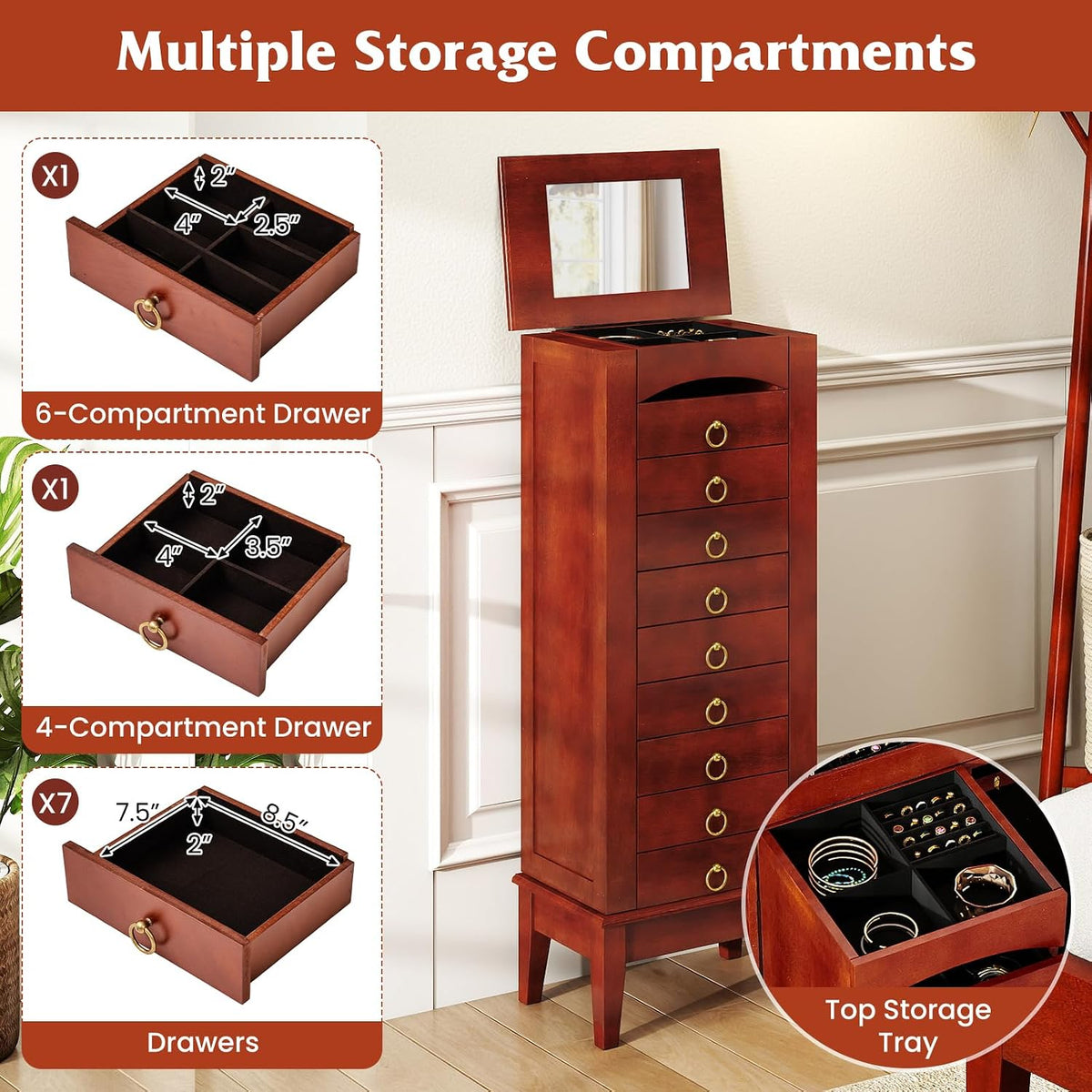giantex standing jewelry cabinet with 9 drawers, flip showing dimensions