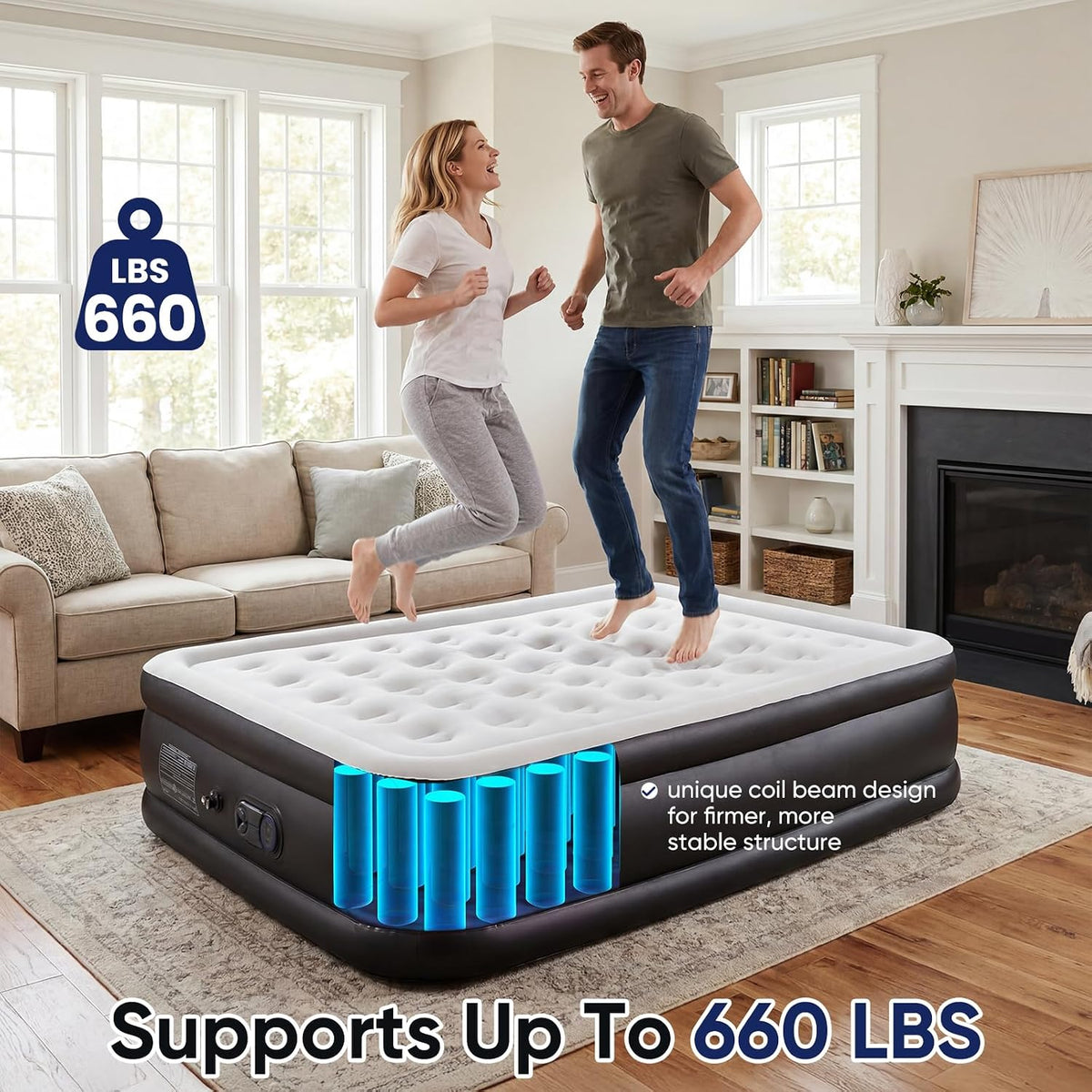 sweetcrispy weight capacity 660 lbs air bed, double showing dimensions