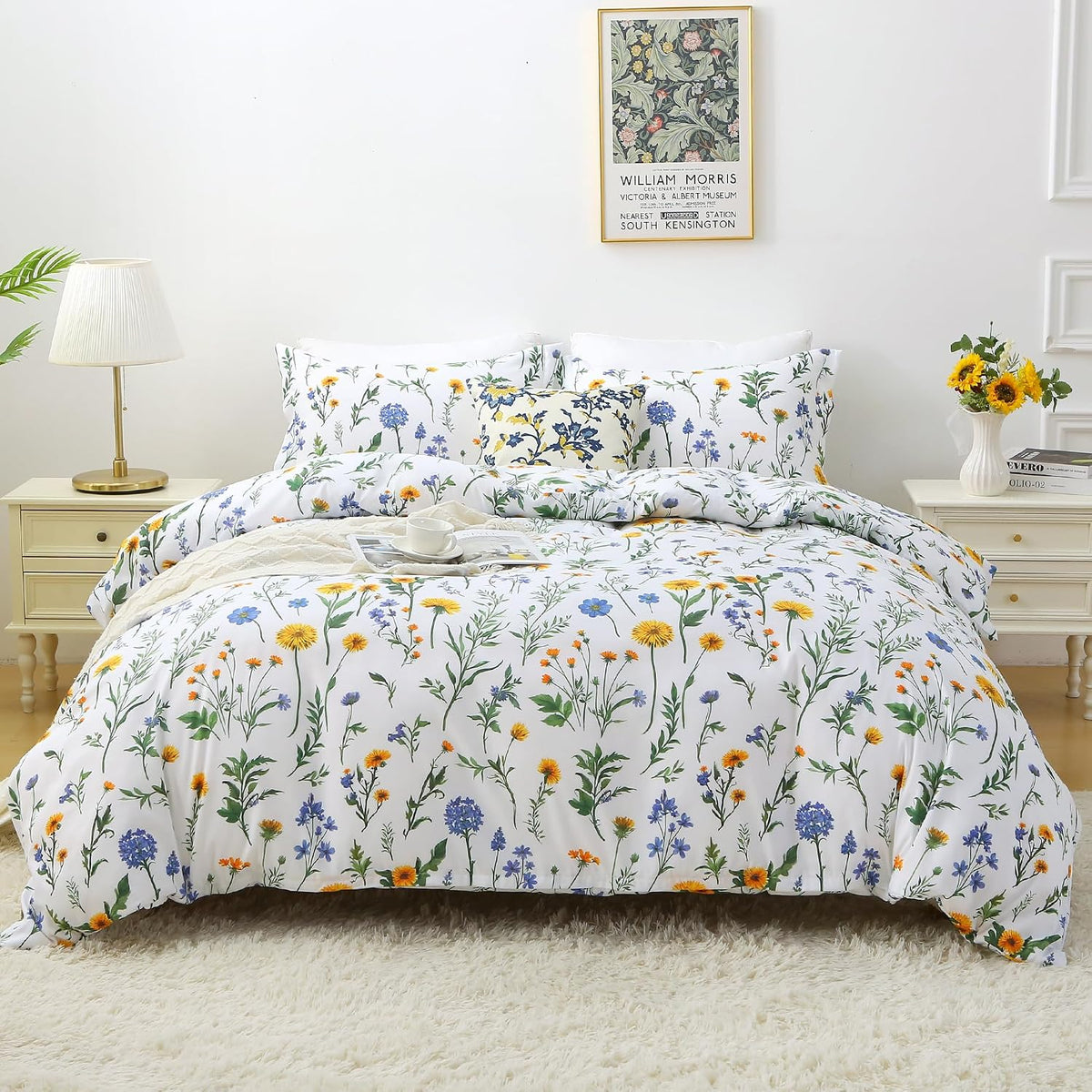 mooreeke floral king size comforter sets, dandelion floral shown in use