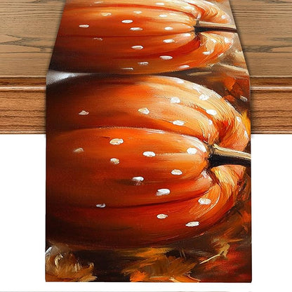 Fall Table Runner with Autumn Leaves & Pumpkins – Rustic Farmhouse Style by THISFIND
