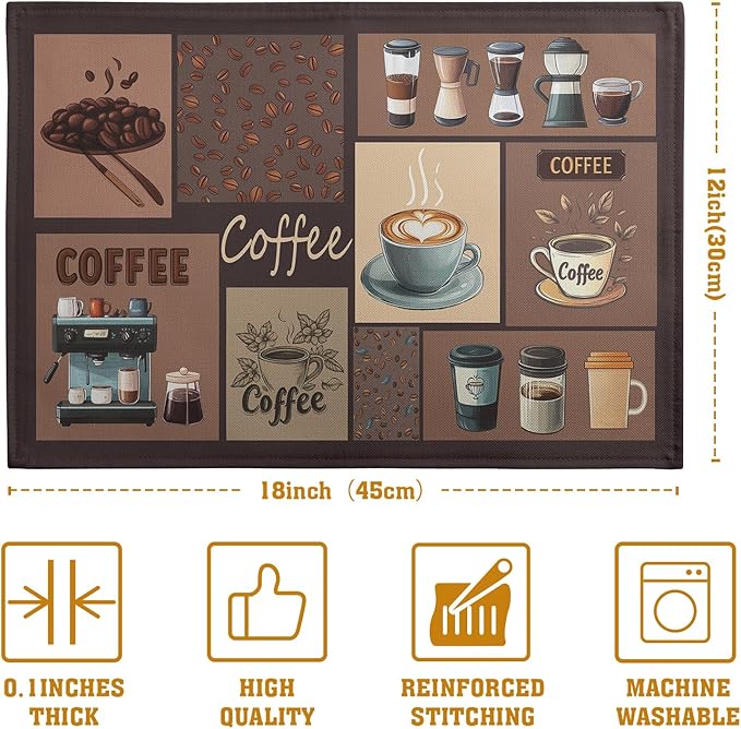 Coffee Theme Placemats Set of 4 Farmhouse Style Brown Linen Fabric Table Mat - Image 4