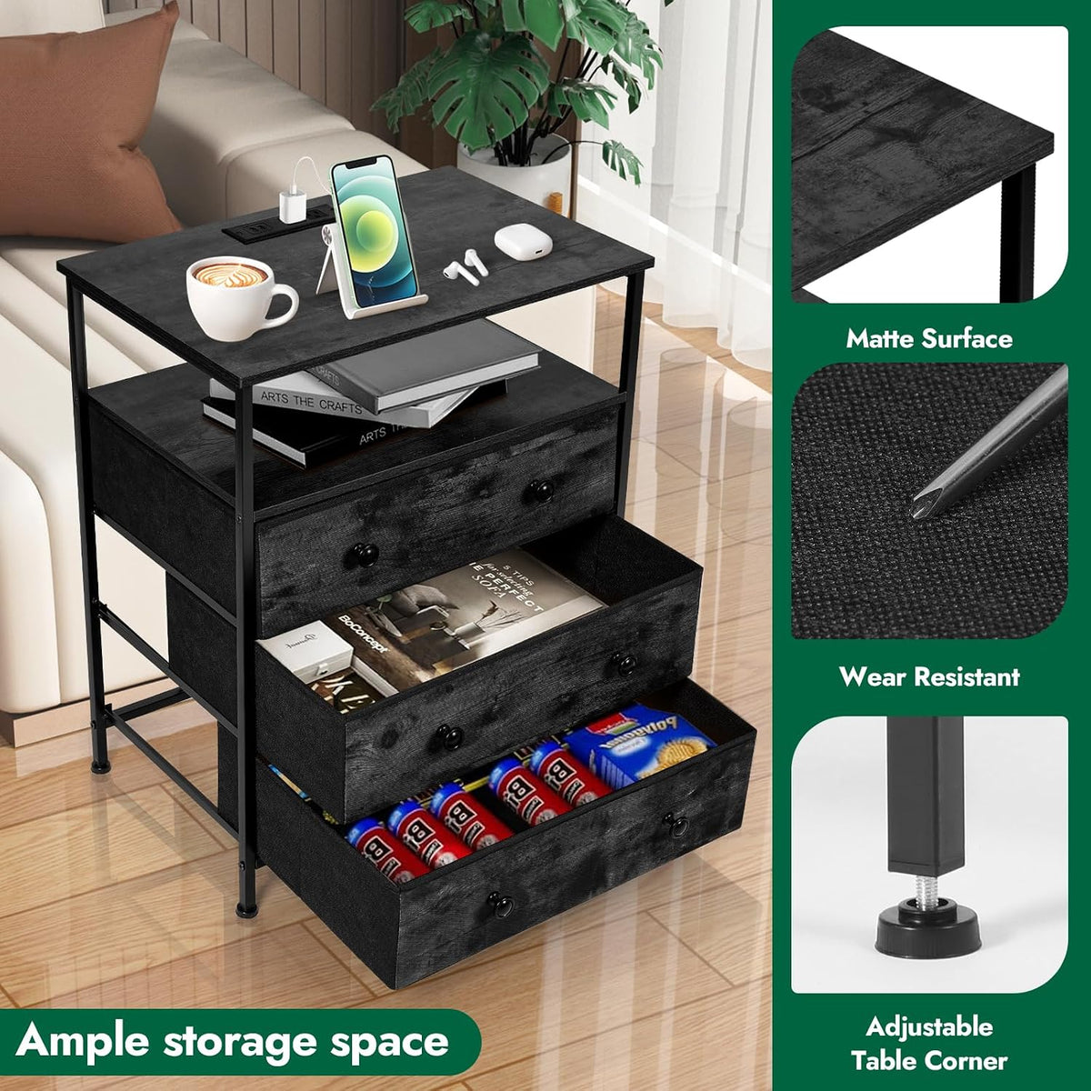 3-drawer led nightstand with charging station, black., side view
