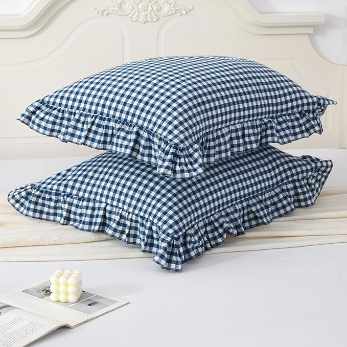 Navy Blue/White Plaid Ruffle Pillowcases Farmhouse Pillow Shams King Size Set - Image 3