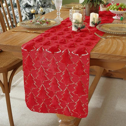 Christmas Trees Red Soft Plush Faux Fur Jacquard Gold Sequin Glitter Christmas by TASJZJZXS