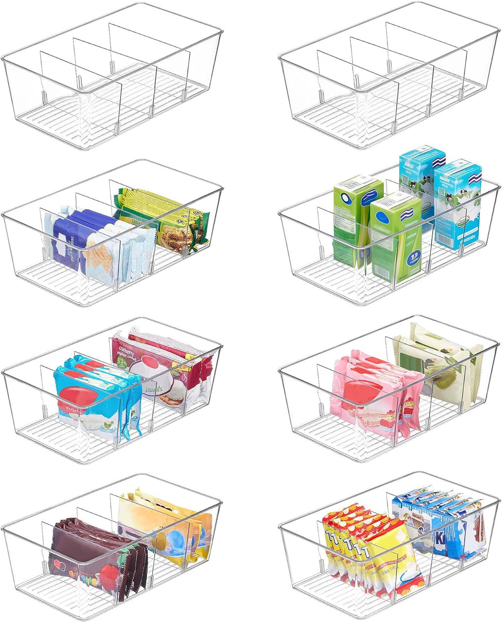 Vtopmart 8 Pack Food Storage Organizer Bins, Clear Plastic, 4 Compartments