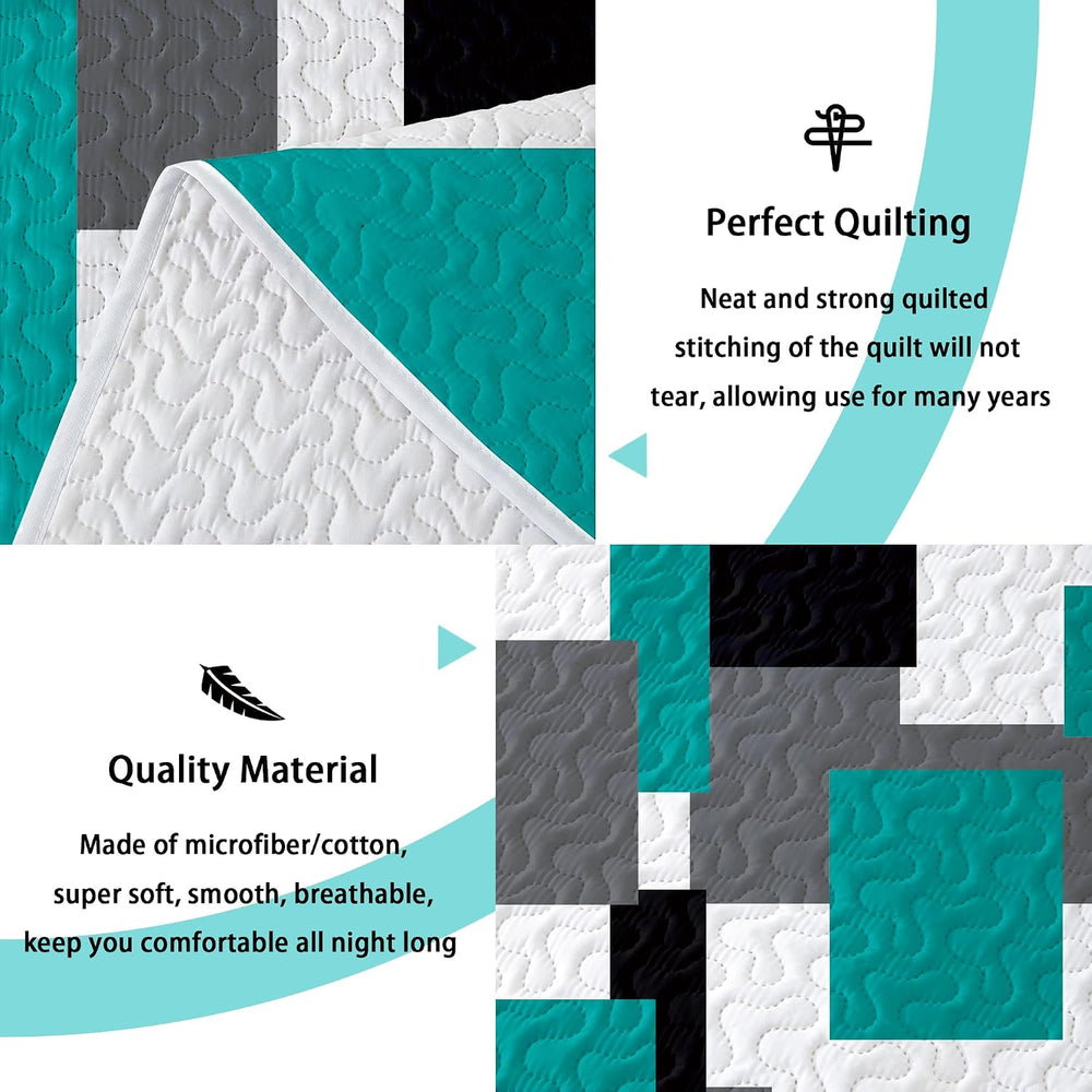 Tyrot 3 Piece Teal/Turquoise Quilt Full/Queen Size Black Grey Bedding Set