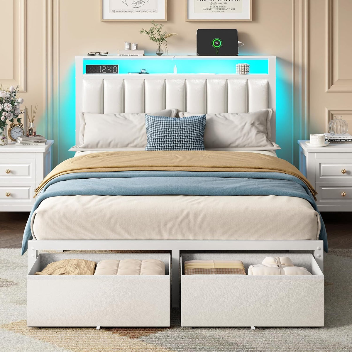 furnulem white full size bed frame with pu, main product view