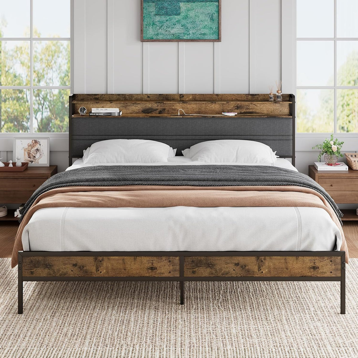 grusign queen size bed frame with led light, main product view