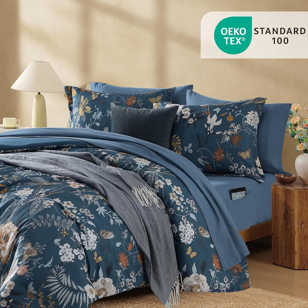 Full Size Comforter Sets-7 Pieces Blue Floral Bed in a Bag Full Bedding Set