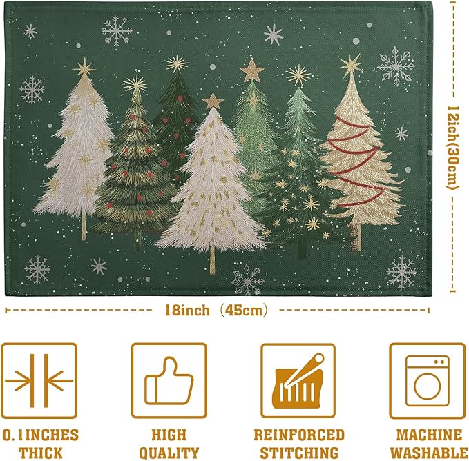 Green Christmas Tree Placemats Set of 4, 12x18 Inch Xmas Trees Snowflakes - Image 4