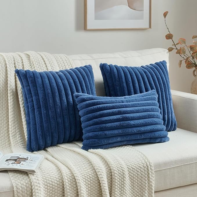 FUTEI Navy Blue Throw Pillow Covers Set of 2, 12x20 Inch Striped Texture Lumbar - Image 4