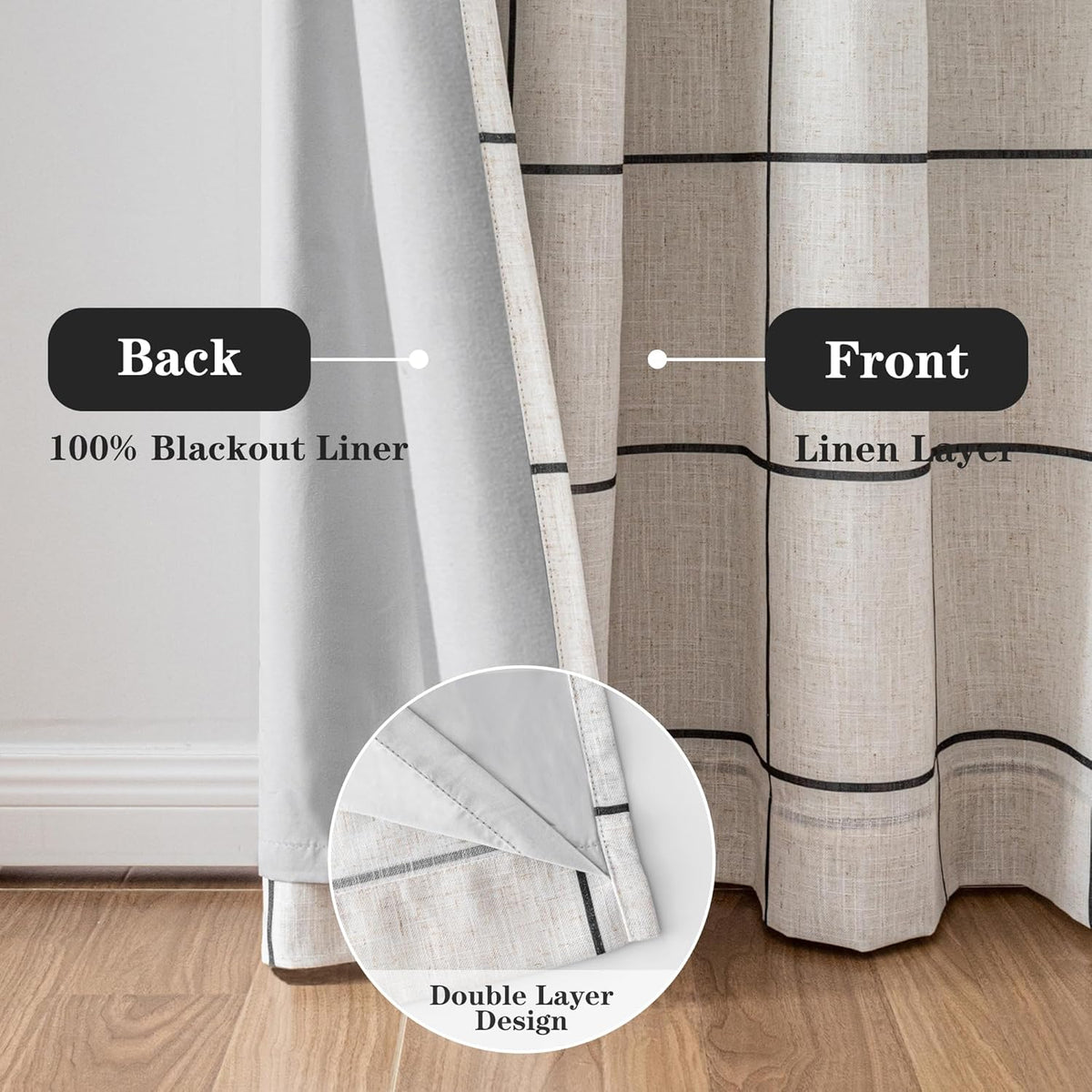 mysky home 100% blackout plaid linen curtains 63, close-up detail