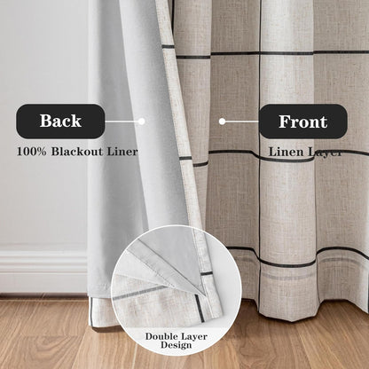 mysky home 100% blackout plaid linen curtains 63, close-up detail