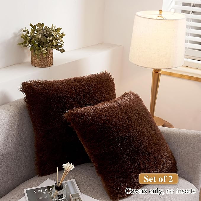 XeGe Soft Faux Fur Brown Throw Pillow Covers, Luxury Fluffy Cushion Covers - Image 2