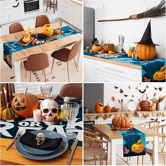 Happy Halloween Table Runner Blue Haunted House Ghost Witch Spider Web Bats - Image 5