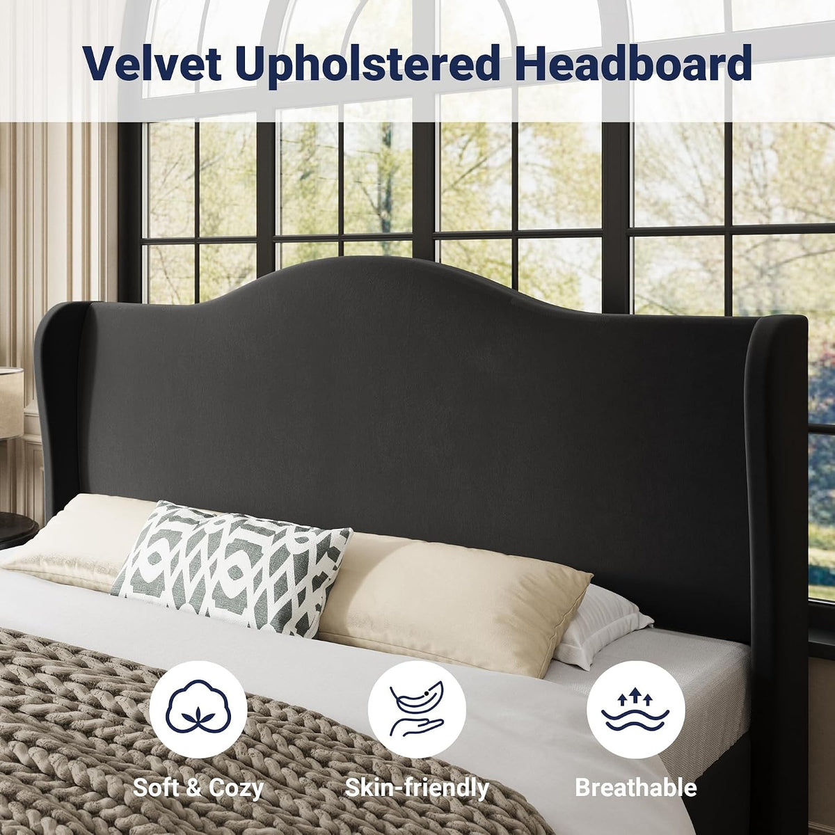allewie king size bed frame, plush velvet wingback, side view