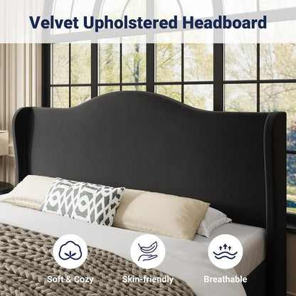 allewie king size bed frame, plush velvet wingback, side view