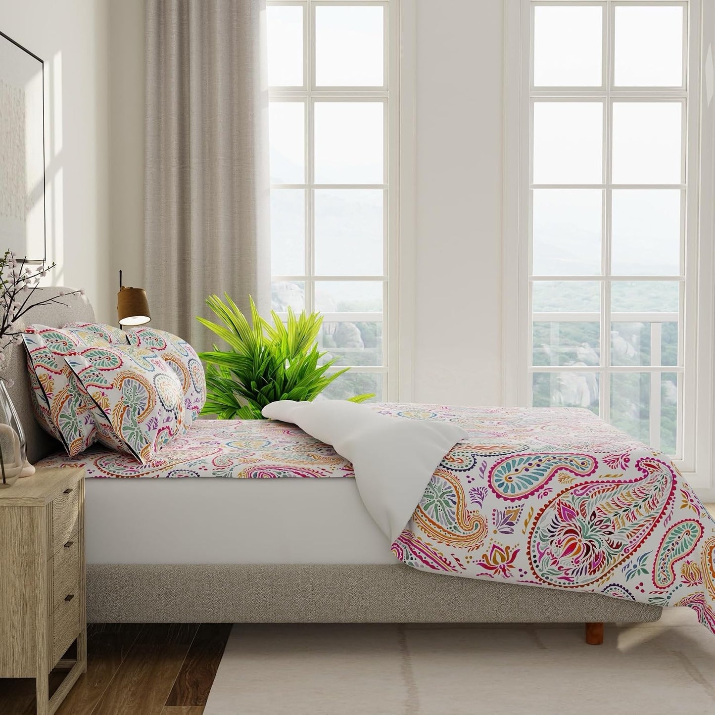 QuickZip Duvet Cover with Zipper Closure – Ultra Soft Long-Staple 100% Cotton, Oeko-Tex Certified, Durable Interior Corner Ties, Corner Clips, Full/Queen, Reversible Paisley/White (Sateen)