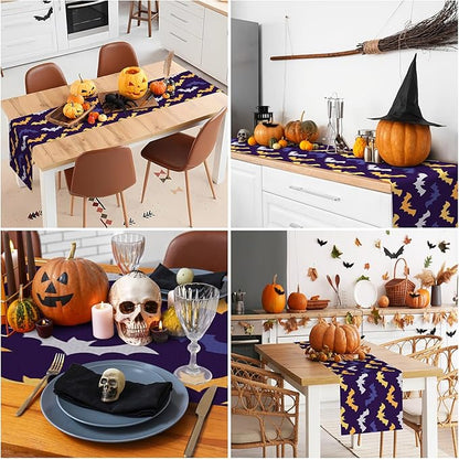 Happy Halloween Table Runner Purple Yellow White Bats Seasonal Holidays Indoor - Image 5