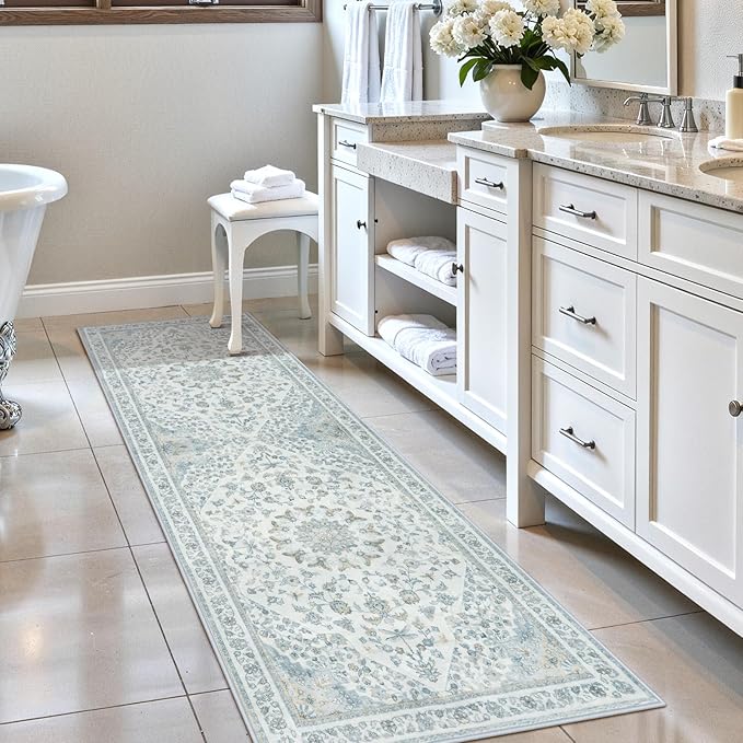Moynesa Vintage Washable Blue 2x6 Hallway Runner Rug, Neutral Distressed - Image 7