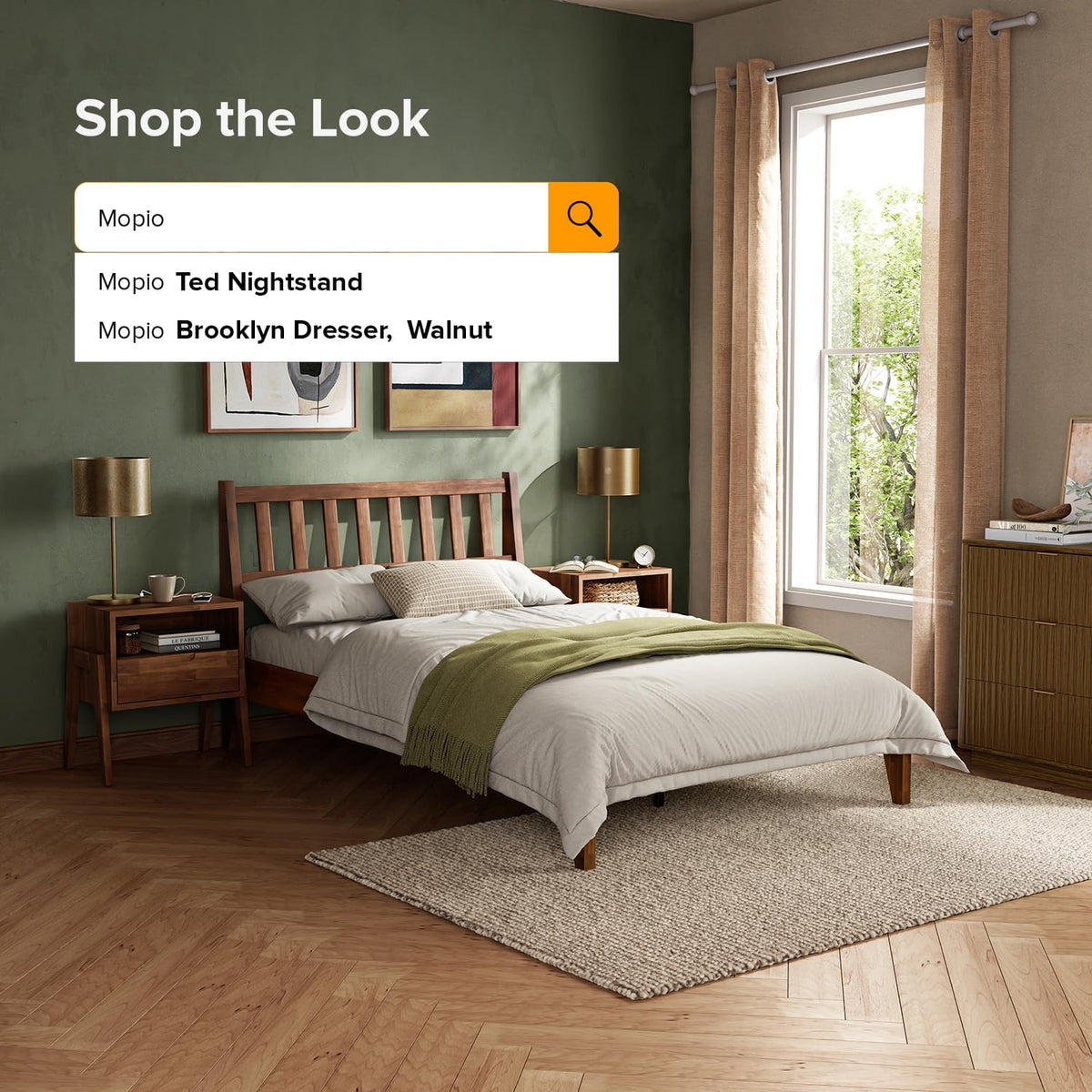 mopio ted full bed frame, headboard, platform bed on a desk or shelf