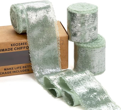 Sage Green Silk Chiffon Ribbon, Frayed Shimmery Silk Ribbon by KEOSREE