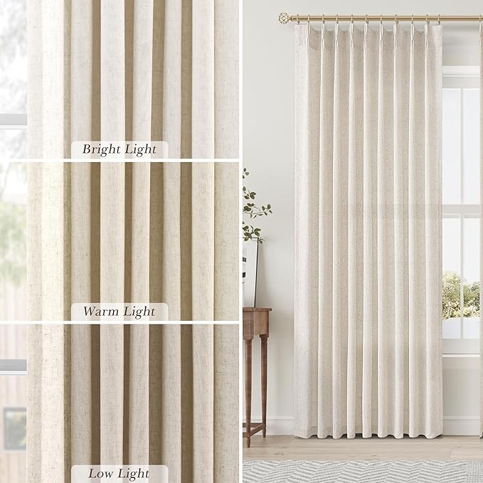 Cream Beige Pinch Pleat Linen Curtains 120 Inch Length 2 Panels Set - Image 4