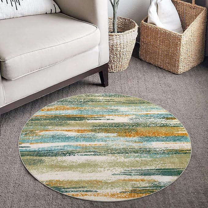 Modern Abstract Round Rug 3Ft, Circular Entryway Rug Thin Print Faux Wool Carpet - Image 2