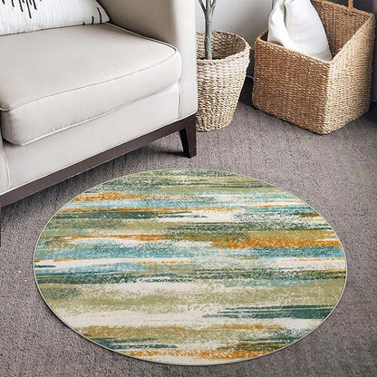 Modern Abstract Round Rug 3Ft, Circular Entryway Rug Thin Print Faux Wool Carpet - Image 2
