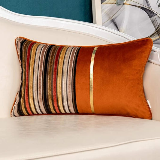 Yangest Orange Striped Patchwork Throw Pillow Cover Gold Leather Cushion Cover by Yangest