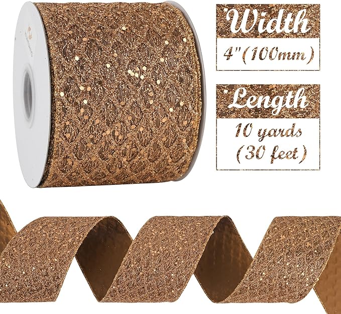 HUIHUANG Copper Wired Ribbon 4 inch Glitter Christmas Wired Ribbon Diamond Mesh - Image 3