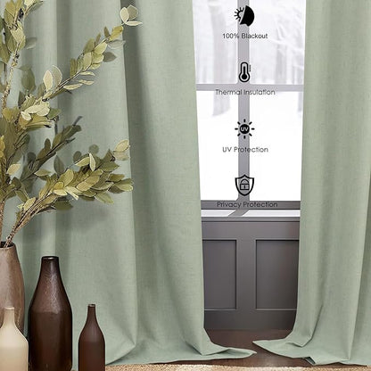 Sage Green Linen Curtains 108 Inches Long 2 Panel Set 100% Blackout Insulated - Image 3