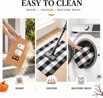 Halloween Door Mat Combo Set, Boo Ghost Coco Coir Welcome Doormat + 28" x 43" Black and White Plaid Rug, Autumn Halloween Front Porch Entryway Decor Floor Mat