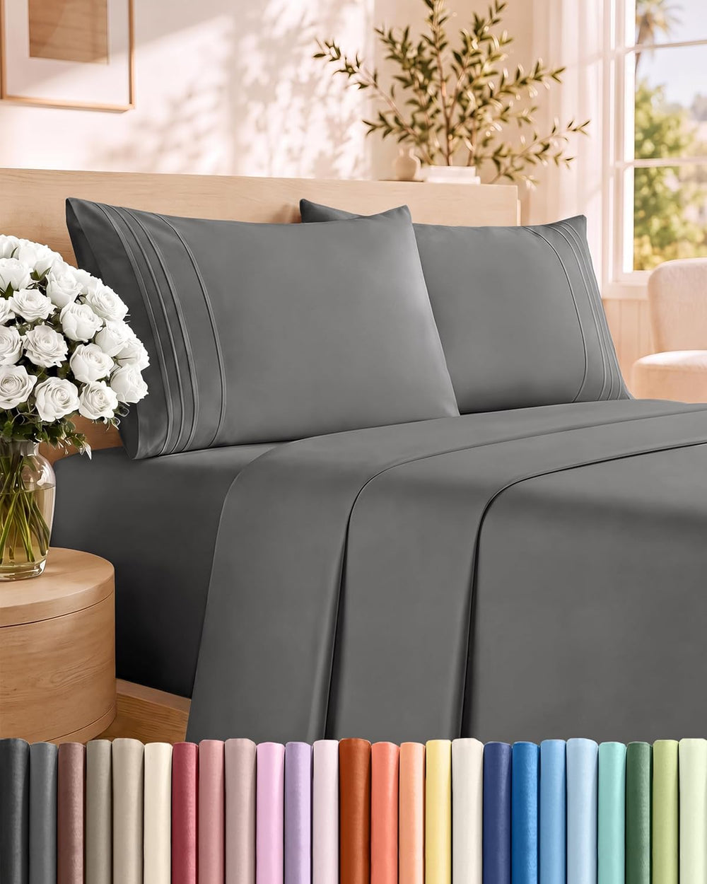 King Size 4 Piece Sheet Set - Comfy Breathable & Cooling Sheets - Dark Grey