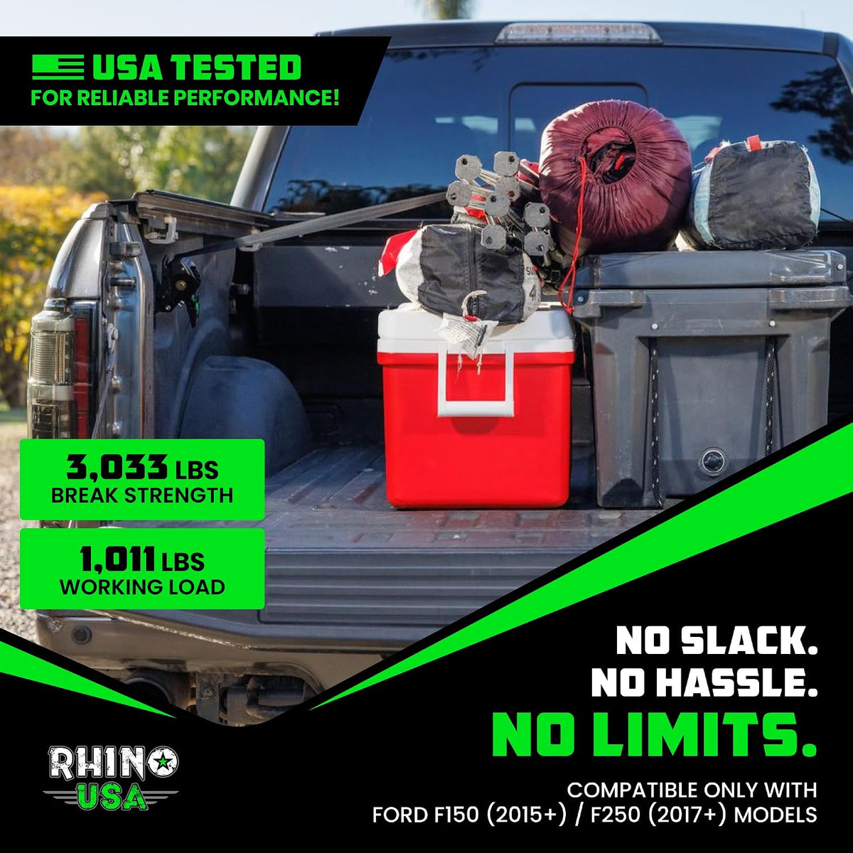 rhino usa bed-mounted retractable ratchet straps - for, front angle view