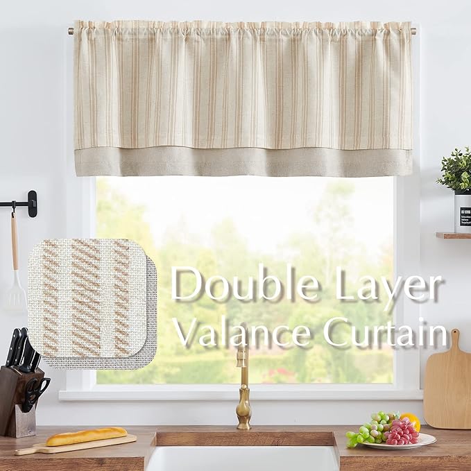 jinchan Striped Linen Valance Curtain Blackout Double Layer Valance - Image 3