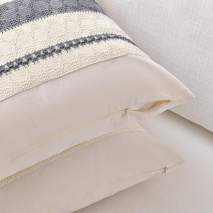 Fancy Homi Set of 2 Neutral Grey Farmhouse Decorative Throw Pillow Covers 18x18 - Image 3