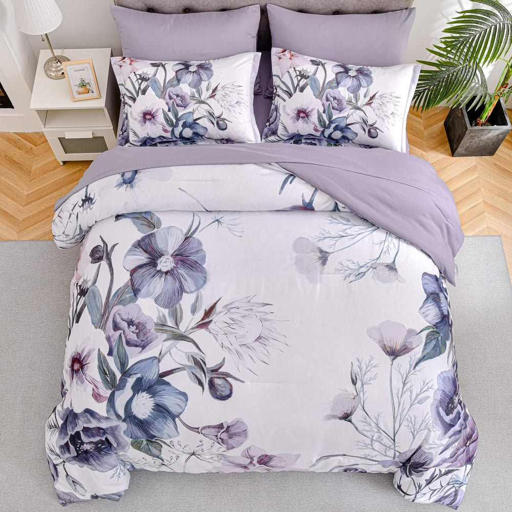 Luxudecor Floral Comforter Set Queen Size 7 Piece, Purple Flower Bed in a Bag...