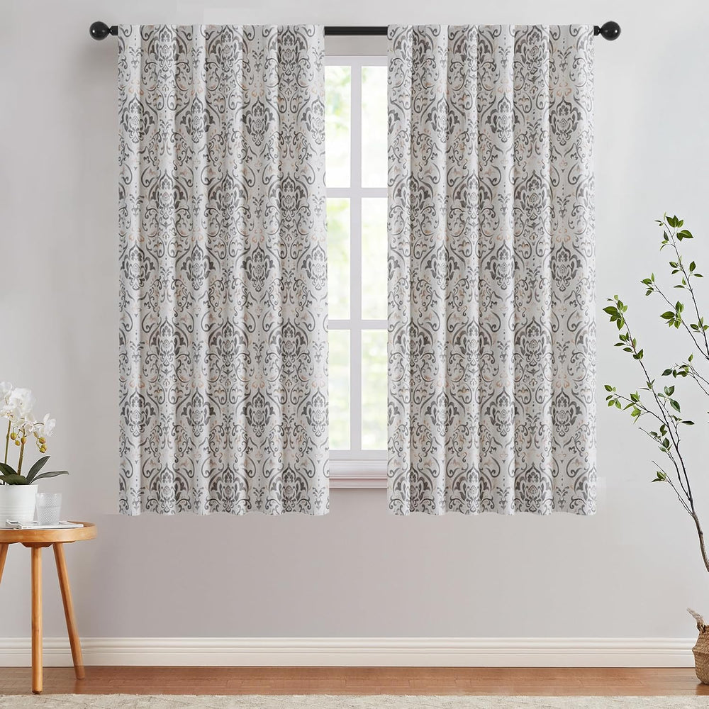 Lazzzy Gray Damask Blackout Curtains 63 Inch Length, Grey Floral Vintage Meda...