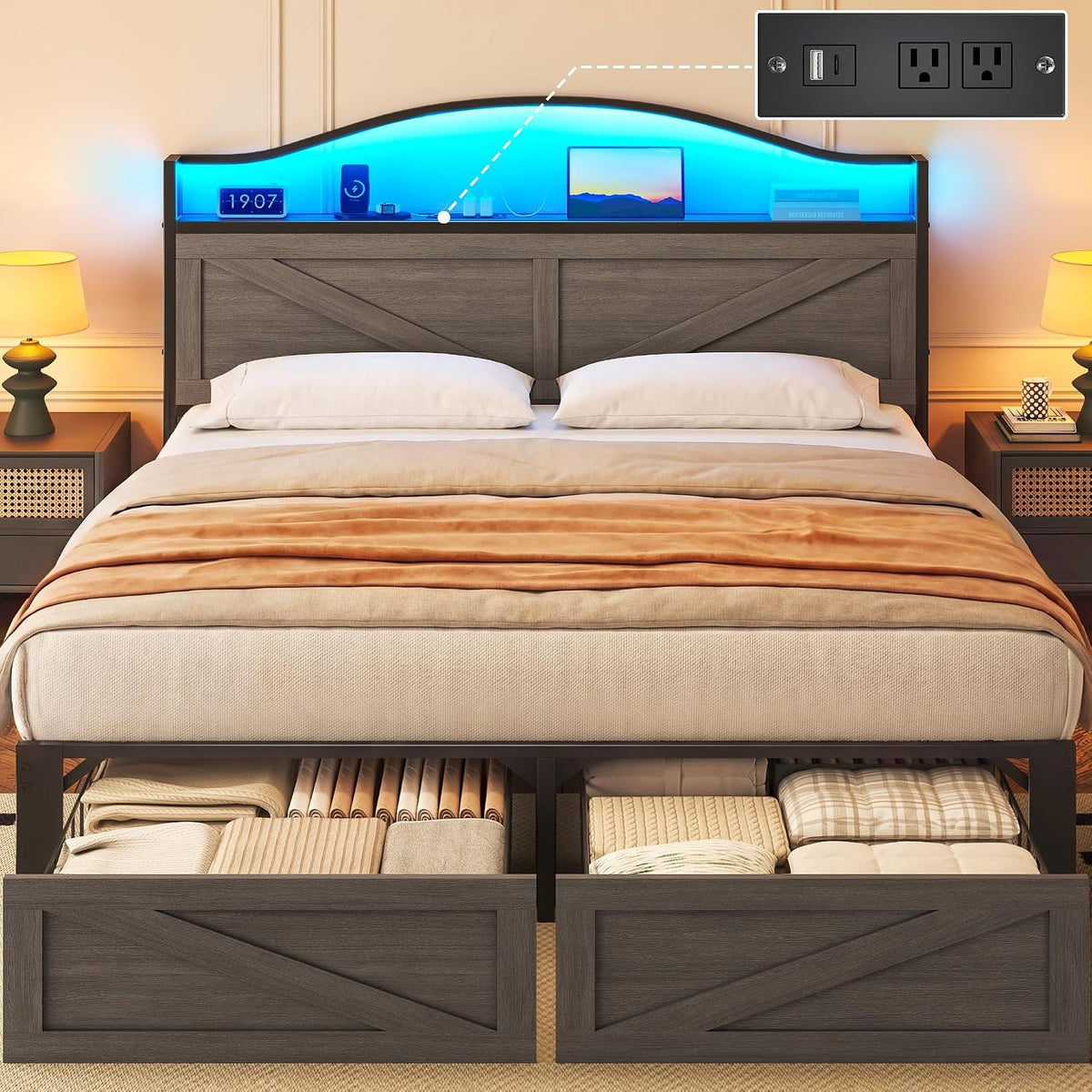 lifezone queen bed with farmhouse storage headboard, queen, main product view