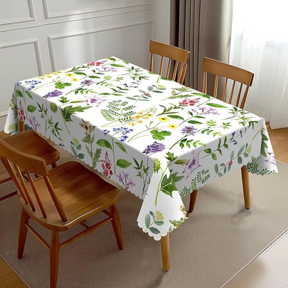 Botanical Tablecloth Green Herbs Plants Flowers Leaves Watercolor Natural Table by Unknown