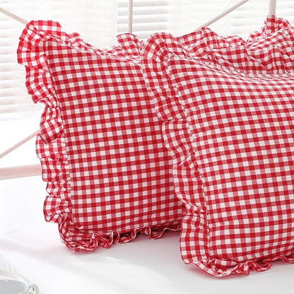 2 Pack Red White Plaid Ruffle Gingham Euro Pillow Sham Coverss, 100% Washed - Image 2