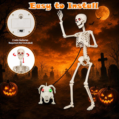 36'' Halloween Skeleton Decoration with Dog: Posable Skeleton Glowing Eyes