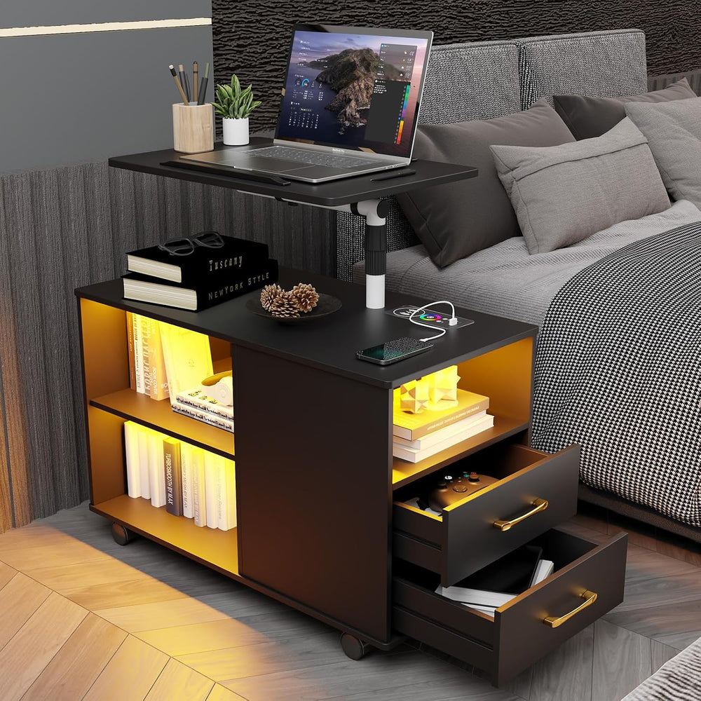 Nightstand with Adjustable Rotary Table,Charging Station(Black)