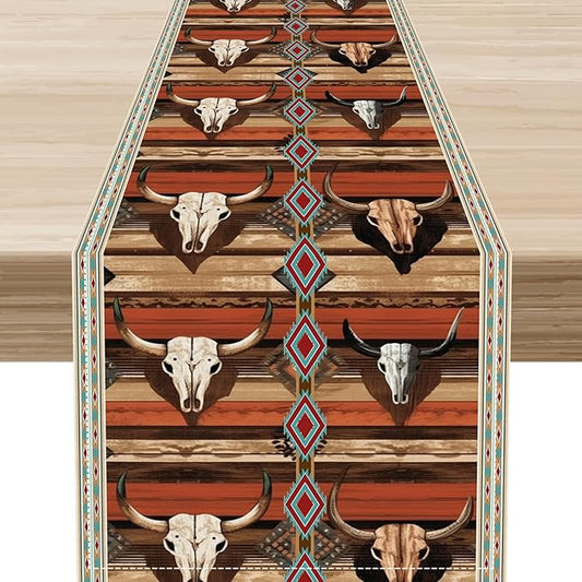 Western Table Runner, Rustic Country Cow Aztec Retro Farmhouse Bones American by Unknown