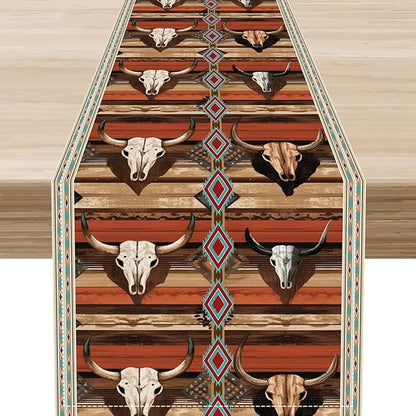 Western Table Runner, Rustic Country Cow Aztec Retro Farmhouse Bones American by Unknown