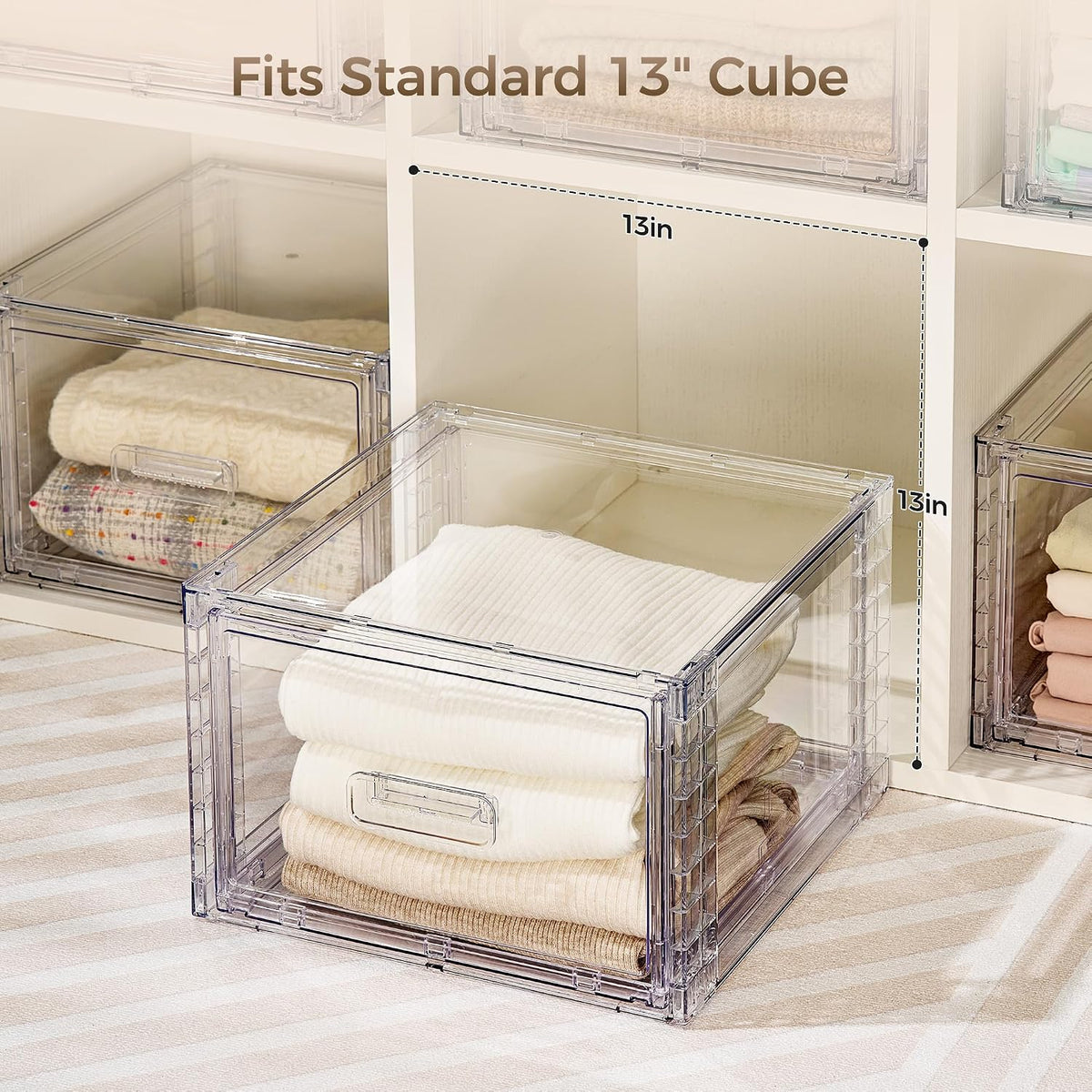 vtopmart 4 pack clear stackable closet storage drawers on a desk or shelf