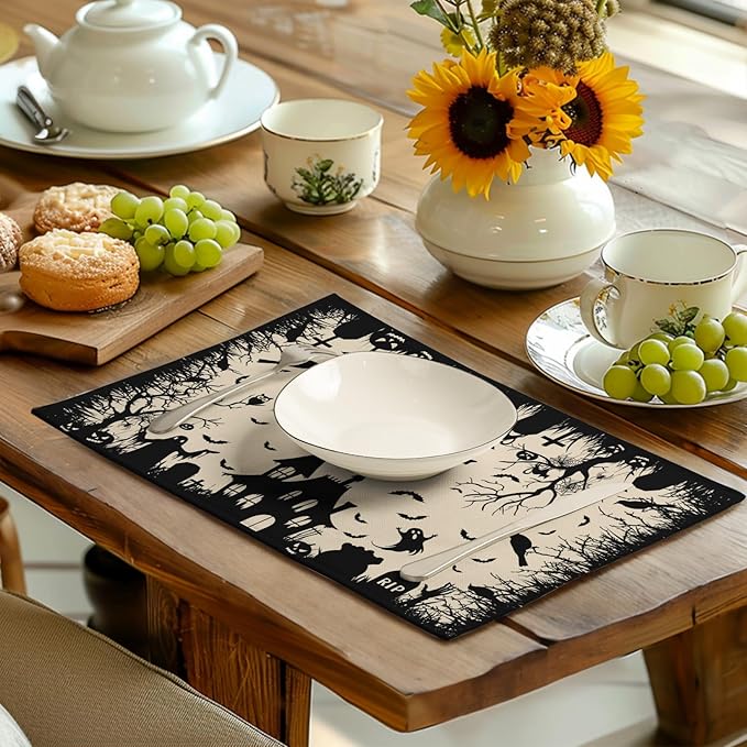 Halloween Placemats 12x18 Inch Set of 4 Black White Witch Castle Ghost Place - Image 6