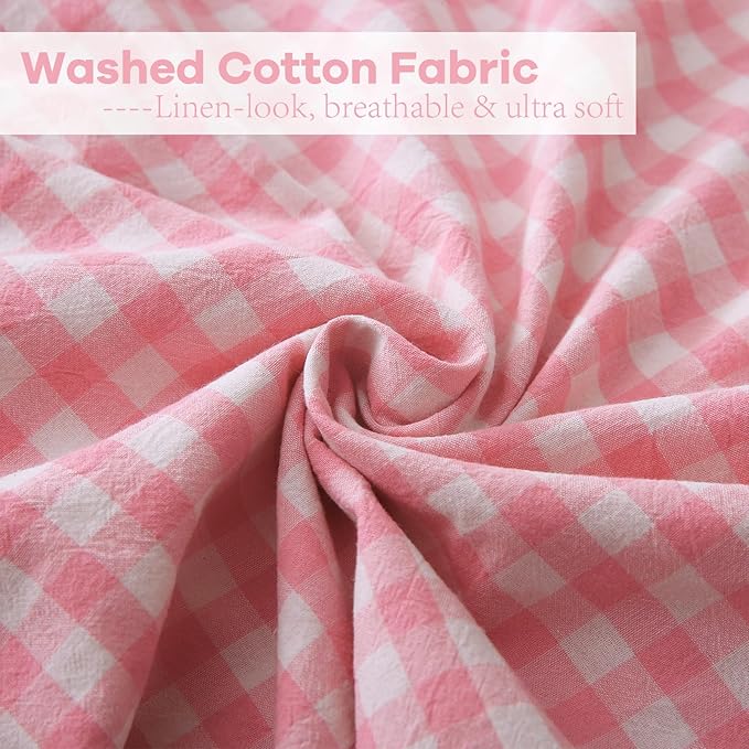 2 Pack Coral Pink White Plaid Ruffle Gingham Throw Pillow Covers, 100% Washed - Image 6